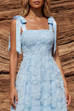 Sky Blue A Line Beaded Bowed Midi Wedding Guest Dress