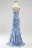 Strapless Sequins Blue Mermaid Long Prom Dress with Slit