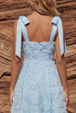 Sky Blue A Line Beaded Bowed Midi Wedding Guest Dress