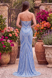 Strapless Sequins Blue Mermaid Long Prom Dress with Slit