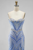 Strapless Sequins Blue Mermaid Long Prom Dress with Slit