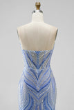 Strapless Sequins Blue Mermaid Long Prom Dress with Slit