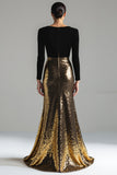 Sparkly Gold and Black Velvet Long Sleeve V-Neck Formal Dress