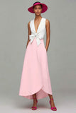 Orange and Fuchsia V-Neck A-Line Formal Dress With Bow