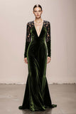 Mermaid Velvet Deep V-Neck Dark Green Evening Dress