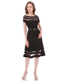 Women's Off Shoulder Fit and Flare Sheer Cocktail Party Dress with Belt