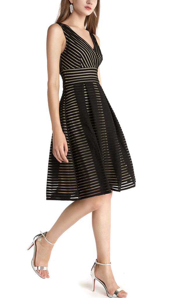 Women's V Neck Sleeveless Stretched Striped Short Dress A-Line Sundress