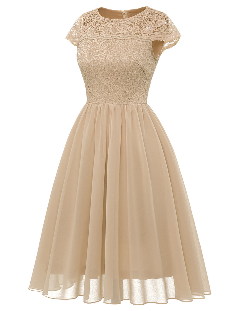 Women's Short Floral Lace Chiffon A-line Bridesmaid Dress Swing Dress