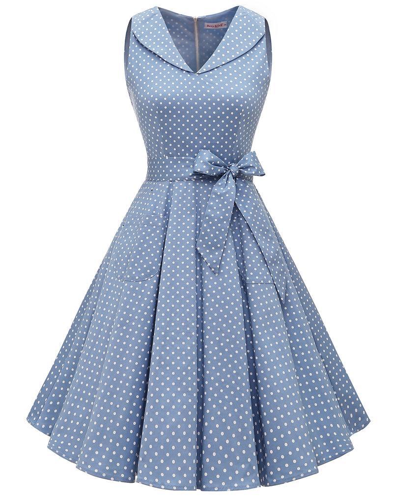 Women's 1950s Vintage Polka Dress Lapel Rockbilly Cocktail Swing Party Dress Pockets